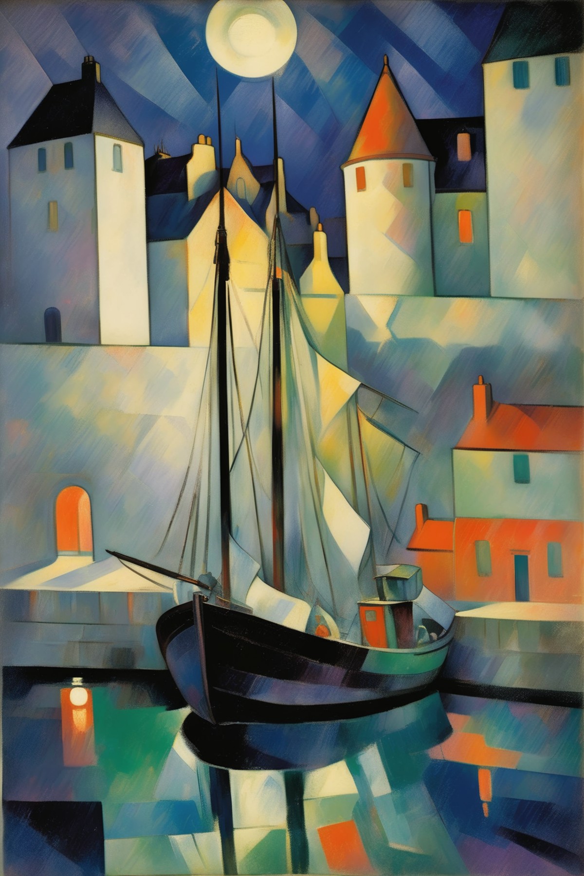 <lora:Lyonel Feininger Style:1>Lyonel Feininger Style - 101932. A painting by Jacques Villon. A painting of Stromness Harb...